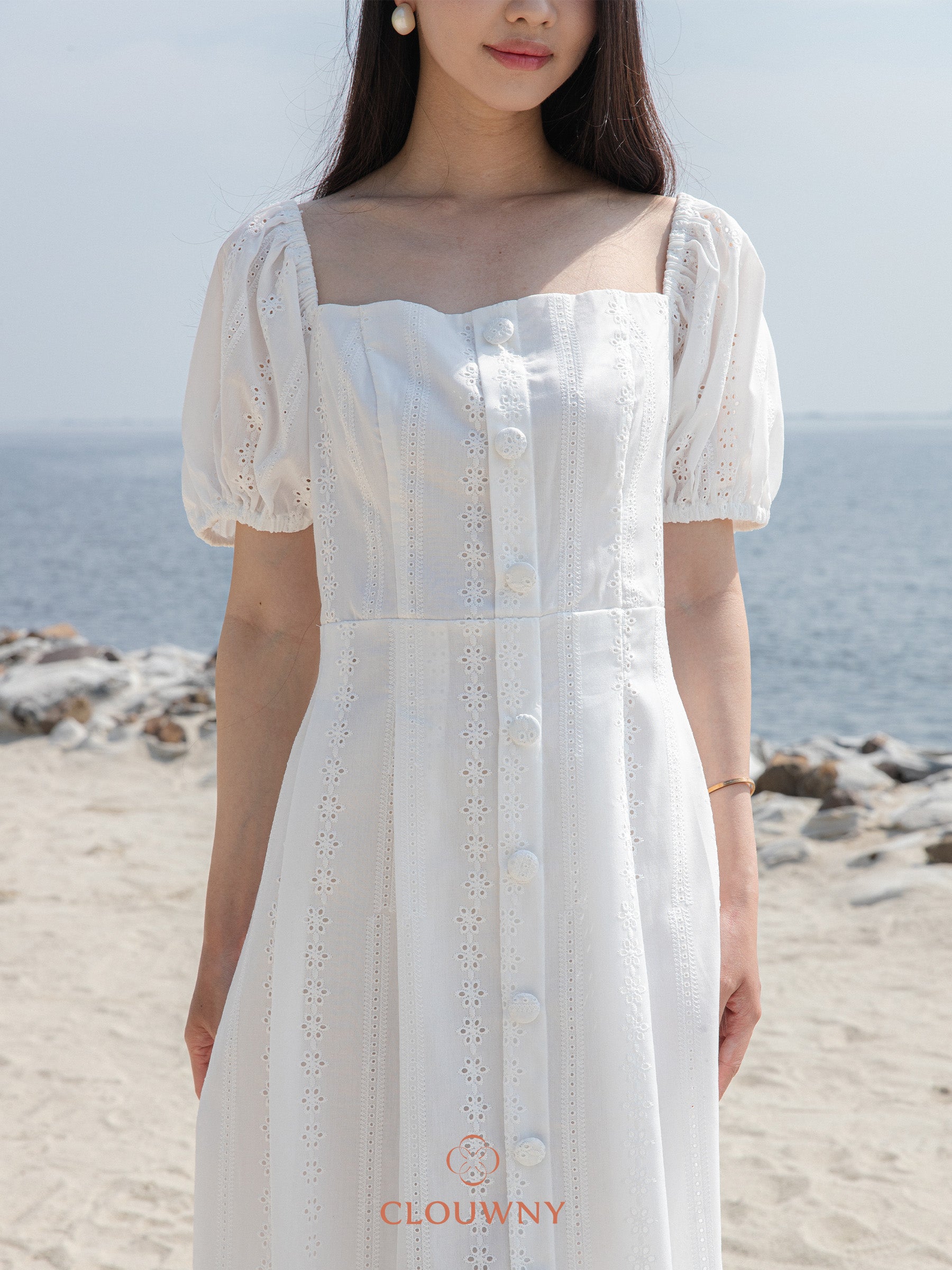 Alexia Square Button Dress - Broken White
